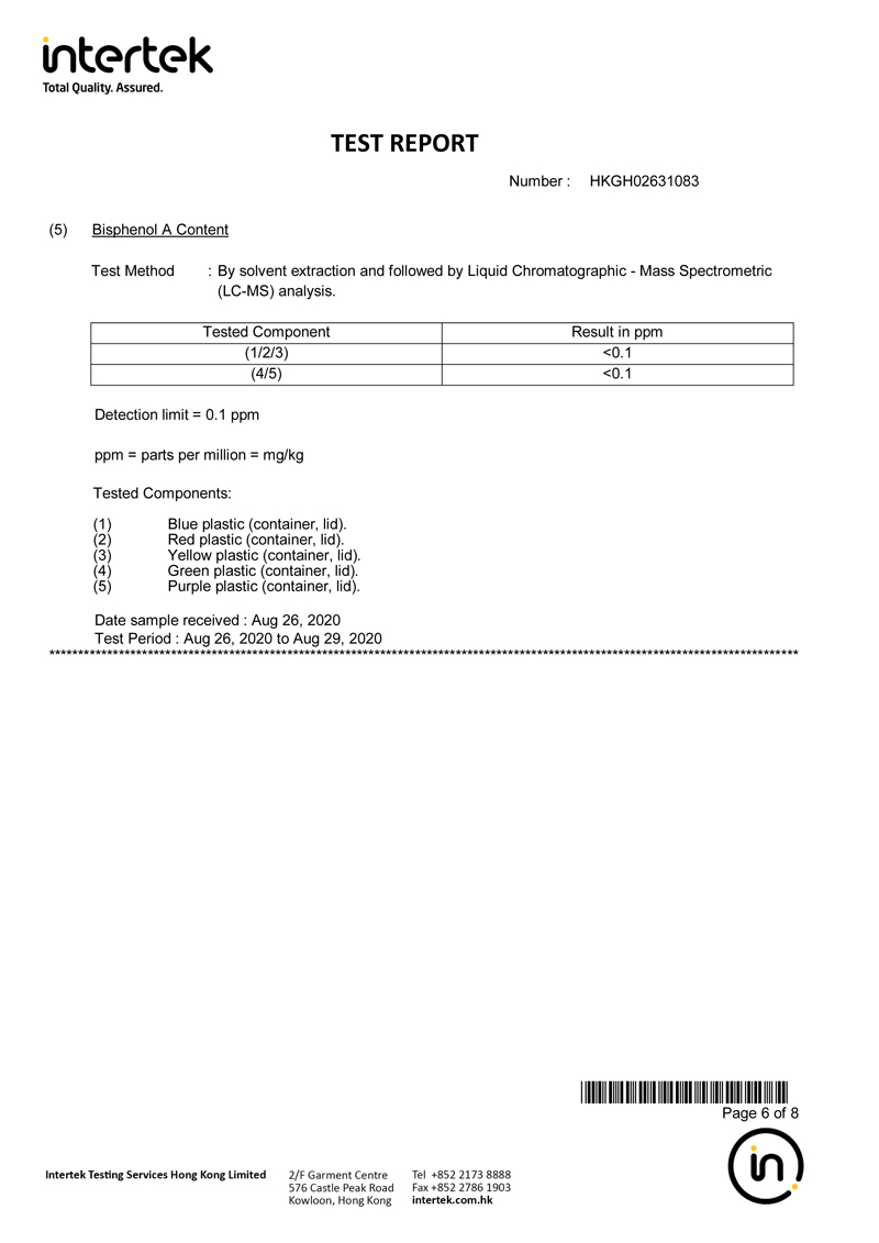 Intertek FDA 테스트 리포트 (Bisphenol A)
